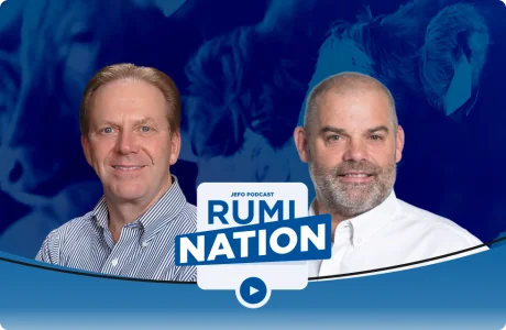 Invités du podcast Rumination de Jefo, épisode 3 saison 3, en nutrition animale, sur fond bleu avec logo officiel.