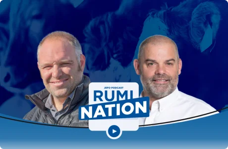Animal nutrition experts featured on the blue background of Jefo’s Rumination podcast – season 2, episode 4.