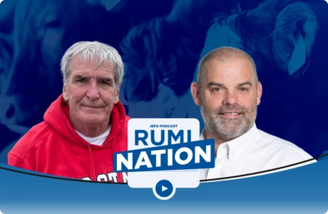 Two animal nutrition experts in episode 7, season 4 of the Rumination podcast, with a blue cattle-themed background.