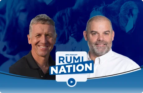 Two ruminant nutrition experts in front of Rumination podcast artwork – season 1, episode 8, on a blue background.