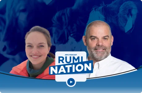 A guest expert and host of Jefo’s Rumination podcast discuss animal nutrition, episode 5 season 3, with blue backdrop and logo.