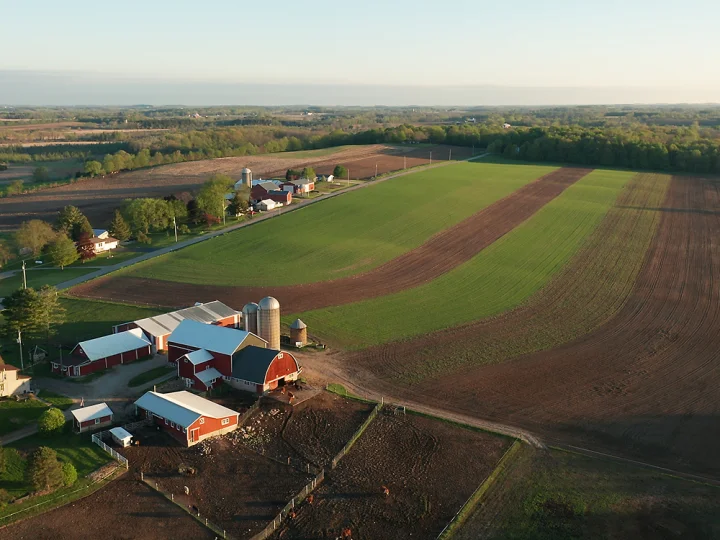 Aerial view of a dairy farm and fields, showing the production environment in animal nutrition.