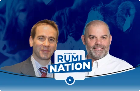 Two animal nutrition experts in episode 11, season 3 of the Rumination podcast, with a stylized blue cattle background.