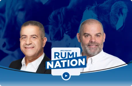 Two animal nutrition experts in episode 4, season 4 of the Rumination podcast, with stylized cattle in the background.