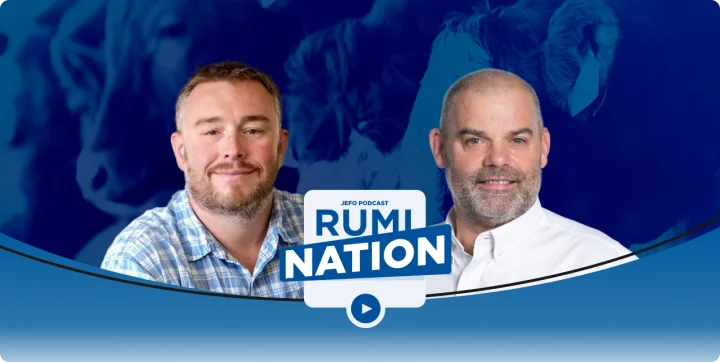 Portraits de deux experts Jefo avec logo du podcast Rumination, saison 1 – échanges sur la nutrition des ruminants.