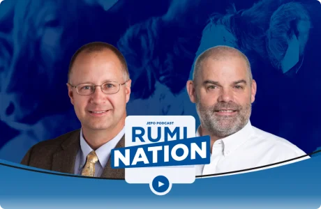 Deux experts en nutrition animale au podcast Rumination de Jefo – épisode 7, saison 2, sur fond visuel bleu.