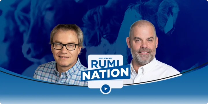 Deux spécialistes en nutrition animale en vedette du podcast Rumination, saison 5, épisode 16 chez Jefo.