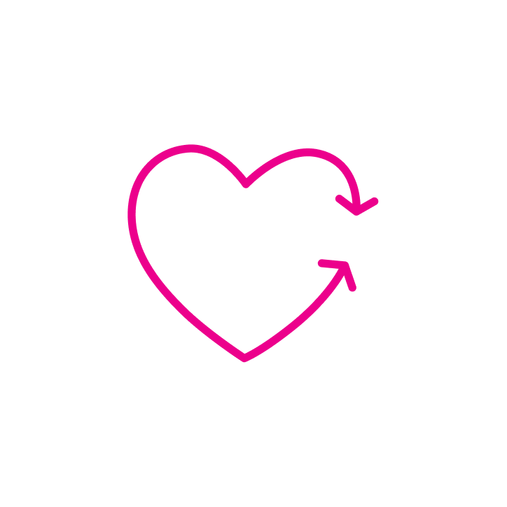Ícono rosa de corazón con flechas, representando el compromiso humano de Jefo como empresa mejor gestionada en Canadá.