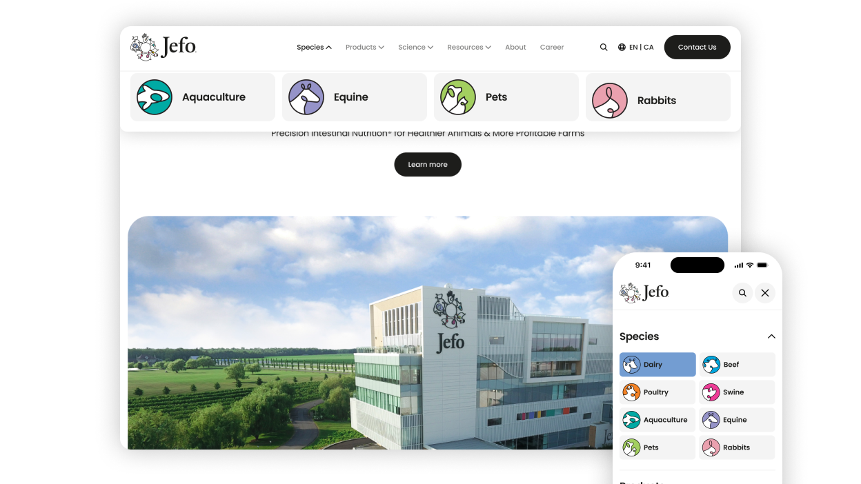 Preview of Jefo new website shown on desktop and mobile, featuring animal species navigation.