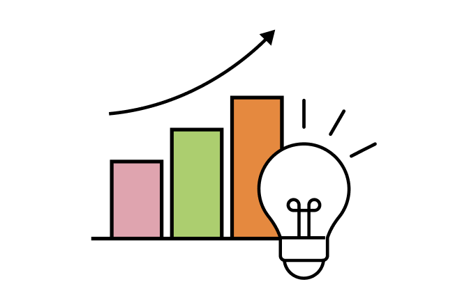 Lightbulb and colored bar chart icon representing scientific curiosity in animal nutrition at Jefo.