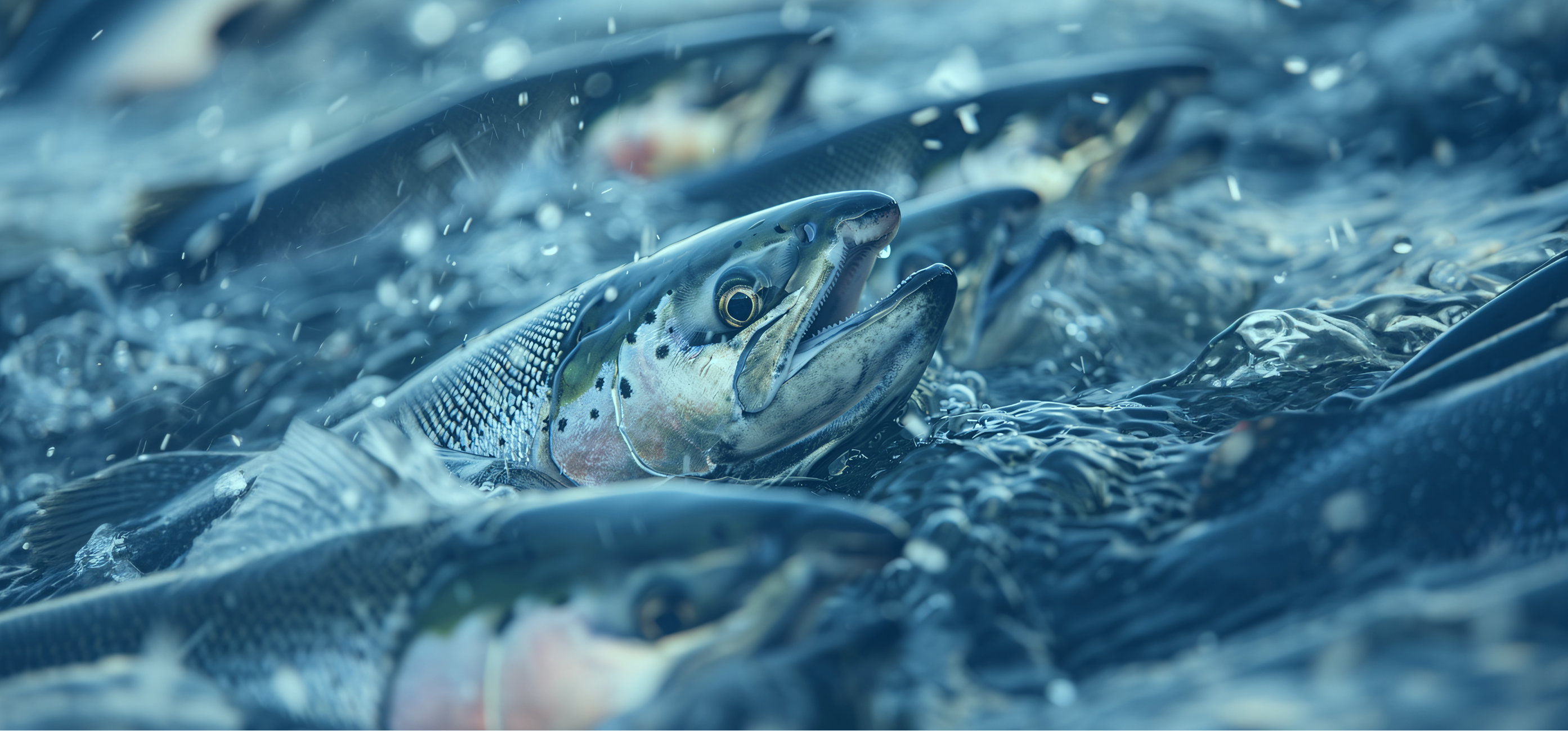 Close-up of salmon swimming densely, highlighting aquaculture farming conditions and the role of nutritional solutions.