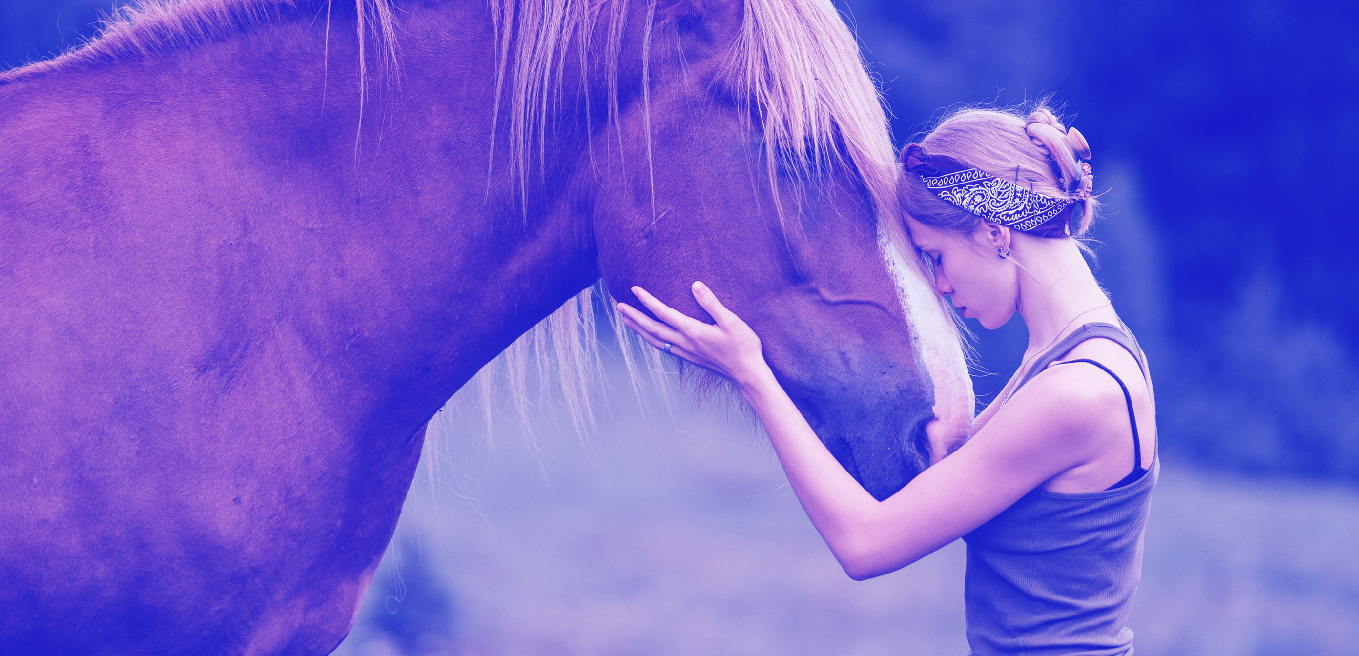 Woman resting her forehead on a horse, highlighting trust and connection in equine health and nutrition.