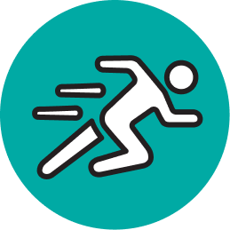 Running figure icon on turquoise background, symbolizing agility and responsiveness in animal nutrition.