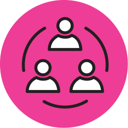 Icon of three connected people on a pink background, symbolizing B2B collaboration in animal nutrition.