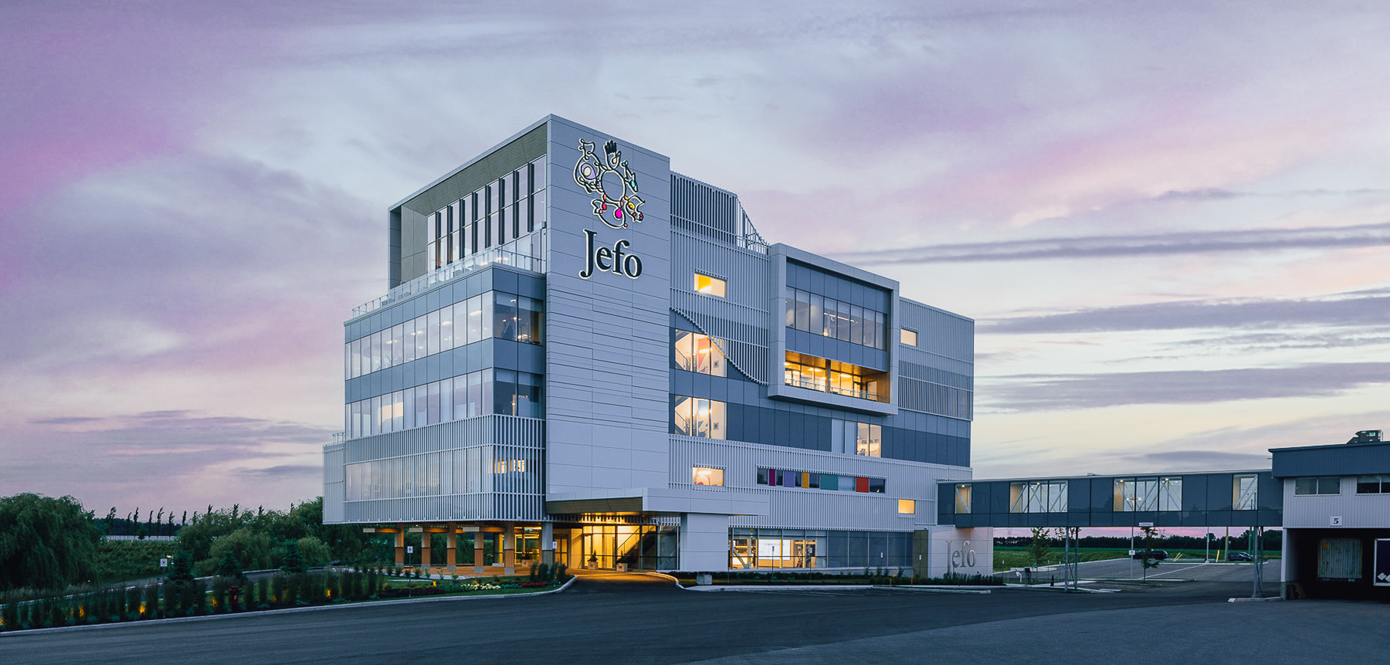 Jefo campus at dawn, symbolizing innovation and accessibility in animal nutrition.
