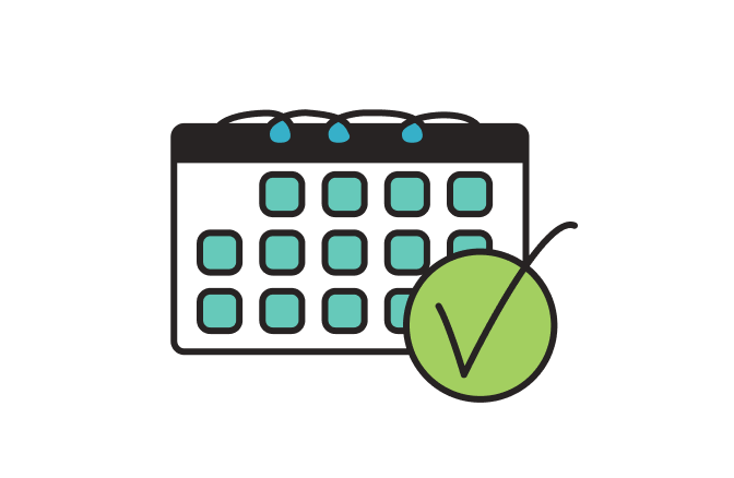 Calendar icon with a green checkmark, symbolizing reliable ingredient delivery scheduling for animal nutrition.