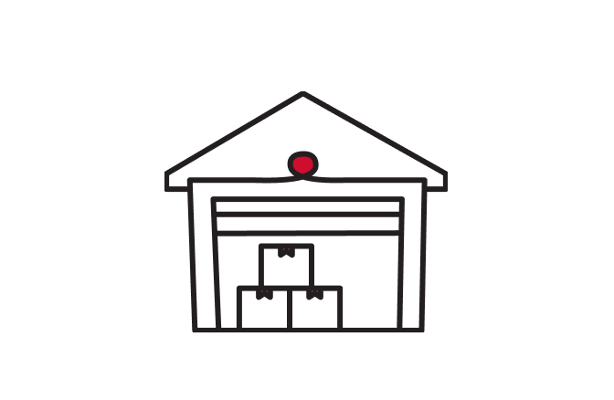 Warehouse icon with boxes, representing logistics and storage of animal nutrition ingredients.