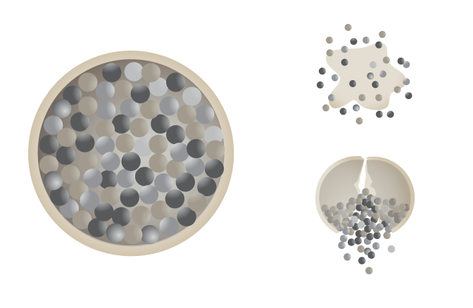 View of a standard nutritional matrix disintegrating quickly, showing uncontrolled nutrient release in animal feed.