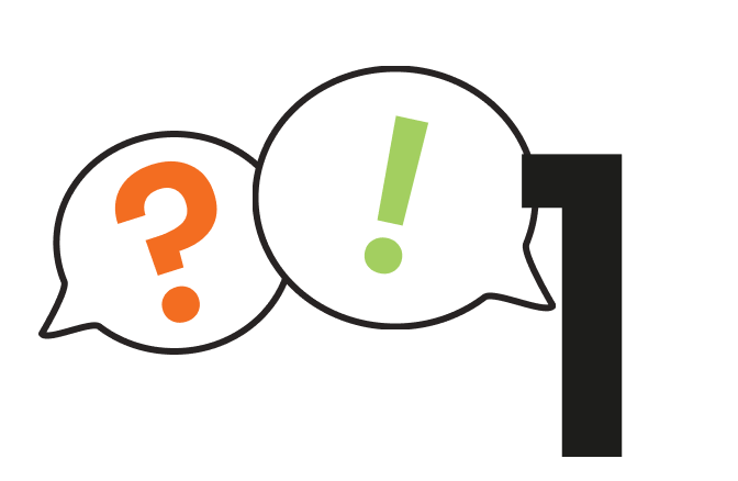 Speech bubbles with question and exclamation marks, representing step 1: consultation in animal nutrition.
