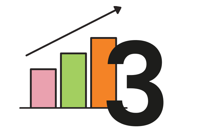 Icon of a rising bar chart with an upward arrow and number 3, illustrating measurable results in animal nutrition.