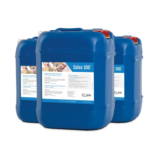 Blue Salox 100® jugs, Jefo’s liquid vitamin supplement for poultry during periods of heat stress.