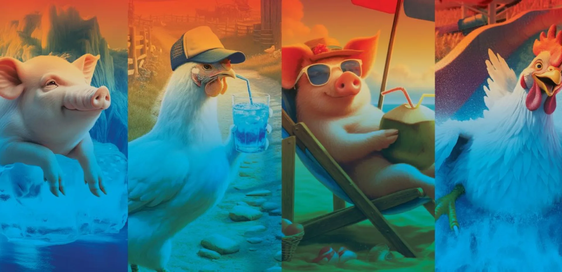 Illustrated pigs and poultry staying cool, representing Jefo solutions for animal heat stress management.