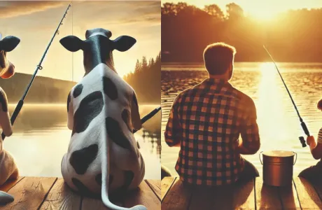 Two cows and a family fishing by a lake at sunset, symbolizing dairy cow well-being and stress reduction.