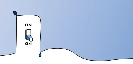 Stylized switch turned on with a blue wire, symbolizing continuous energy and commitment in animal nutrition.