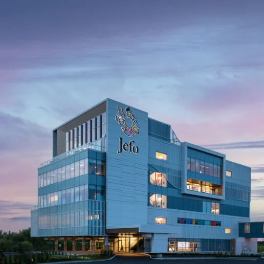 Jefo headquarters, a leader in animal nutrition and one of Canada’s Best Managed Companies, at sunset.
