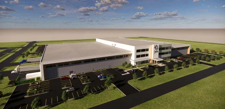 3D rendering of Jefo’s new animal nutrition plant with truck loading zones, office entrance and parking lots.