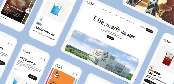 Preview of Jefo new website showing product pages, resources, and mobile-friendly design for animal nutrition professionals