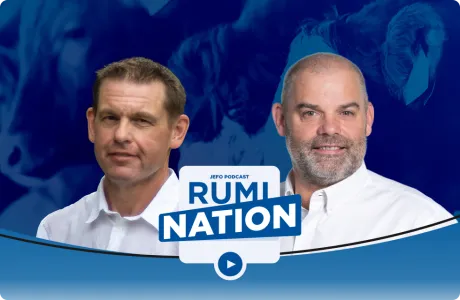 Two ruminant nutrition experts on a blue background with the Rumination podcast logo – season 1, episode 3.
