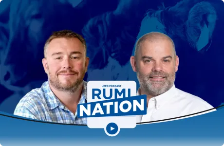 Portraits de deux experts Jefo avec logo du podcast Rumination, saison 1 – échanges sur la nutrition des ruminants.