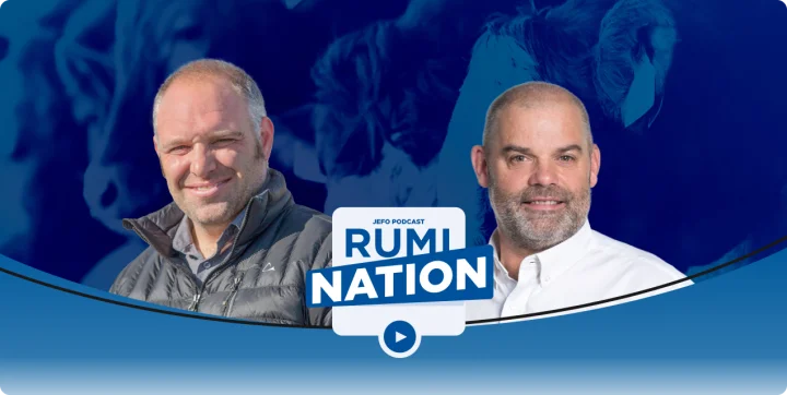 Animal nutrition experts featured on the blue background of Jefo’s Rumination podcast – season 2, episode 4.