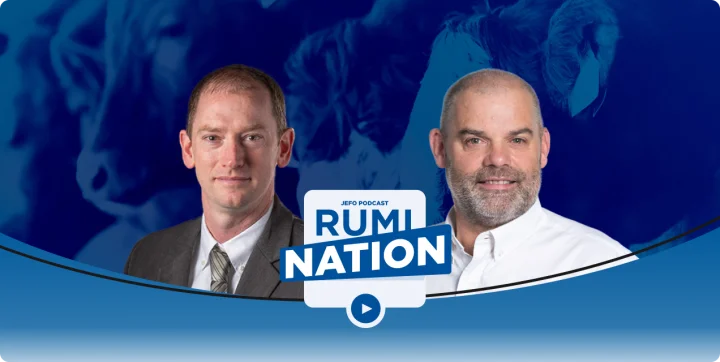 Two animal nutrition experts on Jefo’s Rumination podcast – season 2, episode 9, with blue backdrop and RumiNation logo.