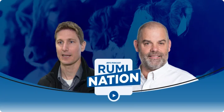 Two animal nutrition experts in front of the blue Rumination podcast background – season 2, episode 1.