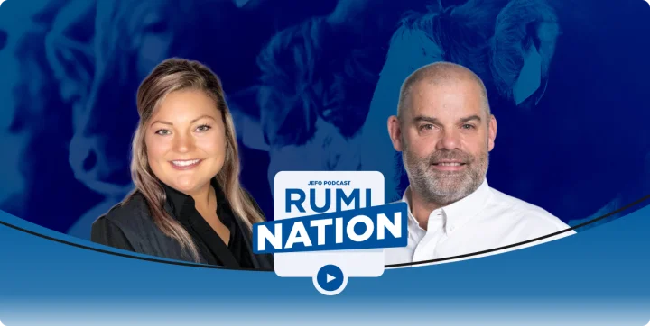 An animal nutrition expert duo in front of the blue Rumination podcast backdrop – season 2, episode 2.