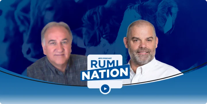 Two animal nutrition experts featured on the blue Rumination podcast visual – season 2, episode 3.