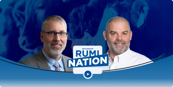 Two animal nutrition experts featured in Jefo’s Rumination podcast – season 2, episode 5, on a blue background.