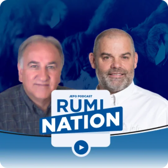 Two animal nutrition experts featured on the blue Rumination podcast visual – season 2, episode 3.