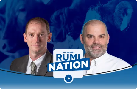Two animal nutrition experts on Jefo’s Rumination podcast – season 2, episode 9, with blue backdrop and RumiNation logo.