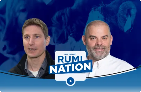 Two animal nutrition experts in front of the blue Rumination podcast background – season 2, episode 1.