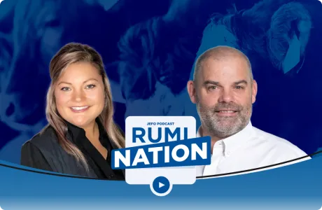 An animal nutrition expert duo in front of the blue Rumination podcast backdrop – season 2, episode 2.