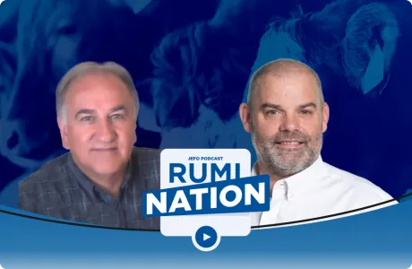 Deux experts en nutrition animale posent sur le visuel bleu du podcast Rumination – épisode 3, saison 2.