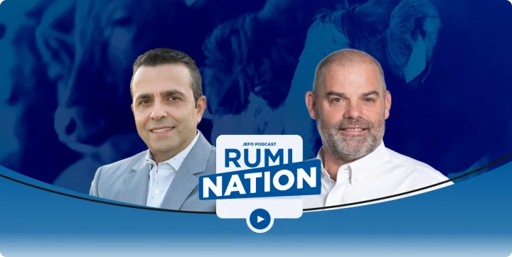 Two Jefo animal nutrition experts in episode 10, season 3 of the Rumination podcast, with a blue-toned dairy cattle background.