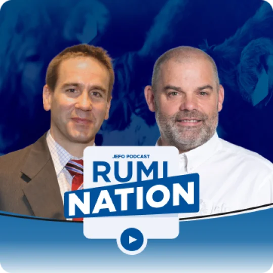 Two animal nutrition experts in episode 11, season 3 of the Rumination podcast, with a stylized blue cattle background.