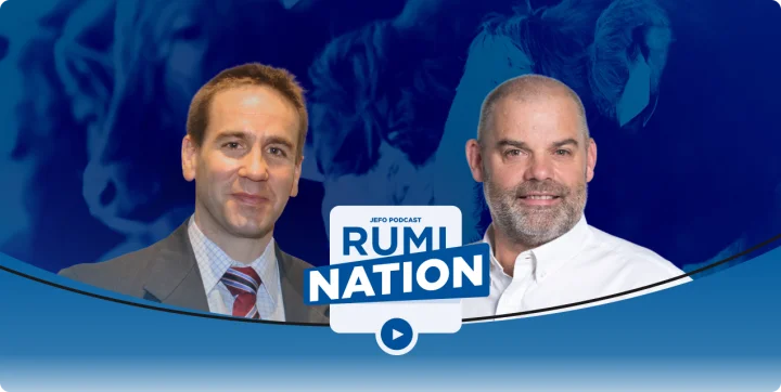 Two animal nutrition experts in episode 11, season 3 of the Rumination podcast, with a stylized blue cattle background.