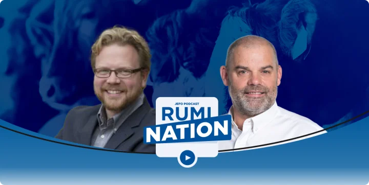 Jefo animal nutrition experts featured in Rumination podcast, episode 8 season 3, with dairy cattle background.