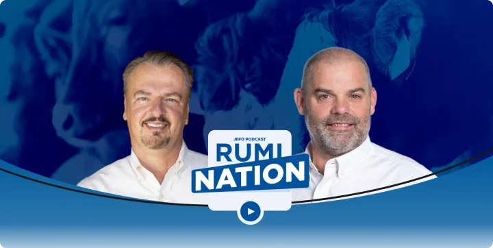 Two Jefo animal nutrition experts featured in Rumination podcast, episode 9, with dairy cattle in the background.