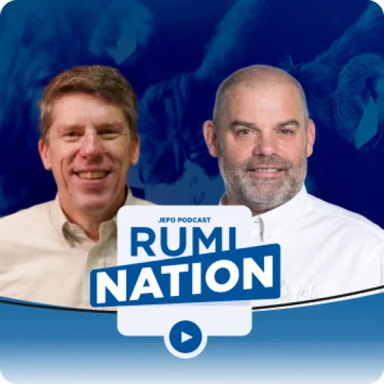 Two animal nutrition experts featured in Rumination podcast, episode 6 season 3, on blue background with Jefo logo.